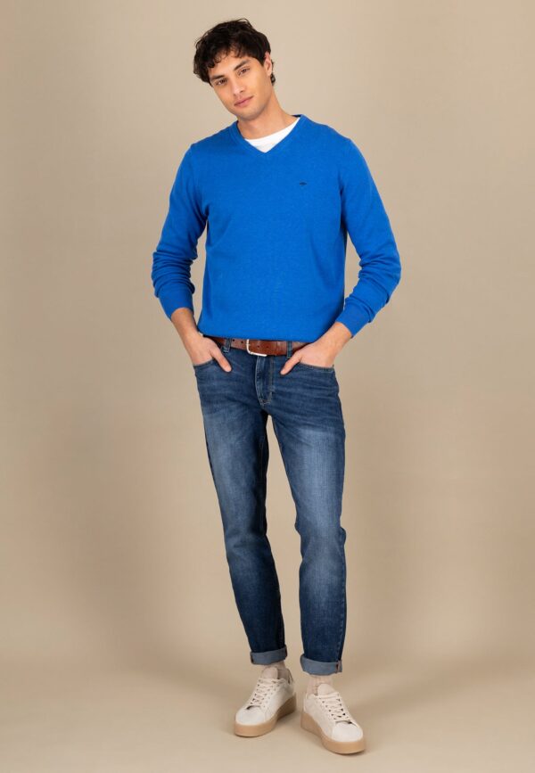 Fynch Hatton Fine Knit Sweater V-Neck - Strong Blue - Image 4