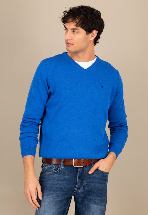 Fynch Hatton Fine Knit Sweater V-Neck - Strong Blue