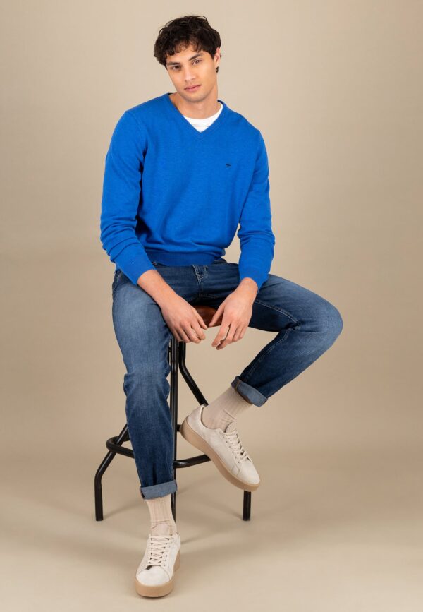 Fynch Hatton Fine Knit Sweater V-Neck - Strong Blue - Image 2