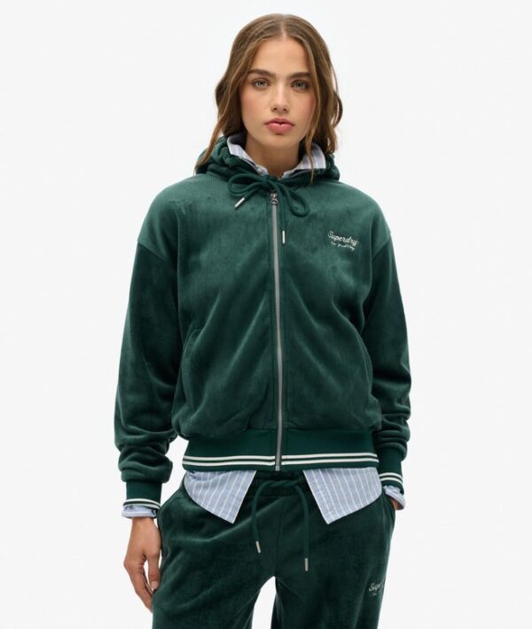 Superdry Country Club Velour Zip Hoodie - Enamel Green